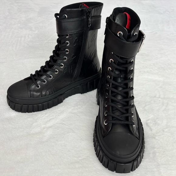 LOVE MOSCHINO Black Leather Moto Biker Boots--NEW--7 - Picture 5 of 15